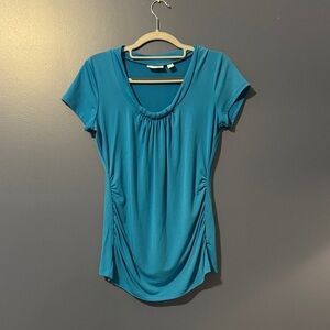 New York & Company Blue Ruched Short Sleeve Blouse
